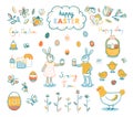 Cute Easter vector set with cake, basket, eggs, chickens, butterfly, dragonfly, bee, rabbits, flowers. Royalty Free Stock Photo